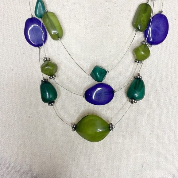 Blue Green Beaded Illusion Necklace Silver Chain 20” Adjustable - Picture 2 of 4